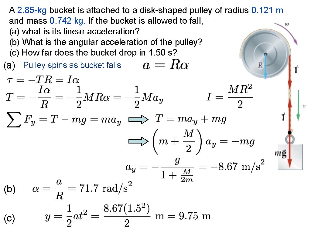 A 2. 85 -kg bucket is attached to a disk-shaped pulley of radius 0.