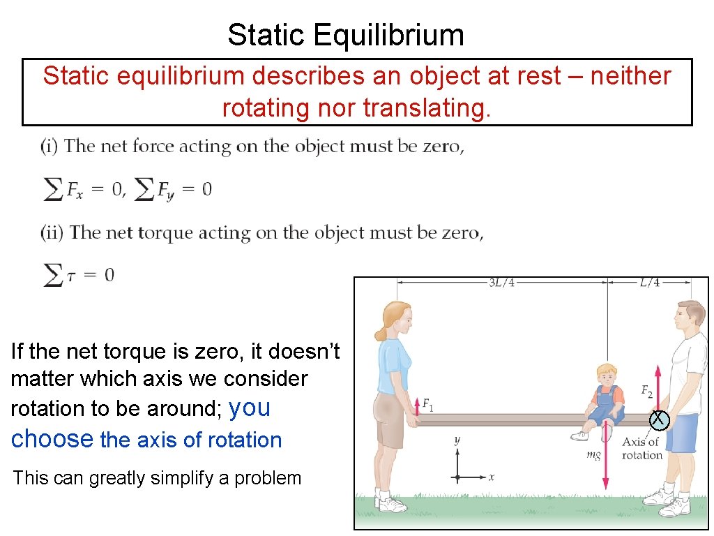 Static Equilibrium Static equilibrium describes an object at rest – neither rotating nor translating.