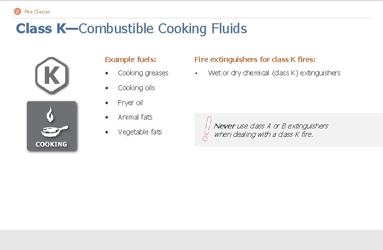 2 Fire Classes Class K—Combustible Cooking Fluids Example fuels: Fire extinguishers for class K