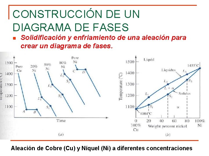 CONSTRUCCIÓN DE UN DIAGRAMA DE FASES n Solidificación y enfriamiento de una aleación para