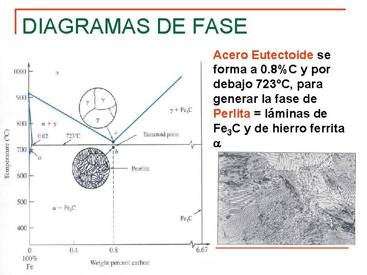 DIAGRAMAS DE FASE Acero Eutectoide se forma a 0. 8%C y por debajo 723°C,
