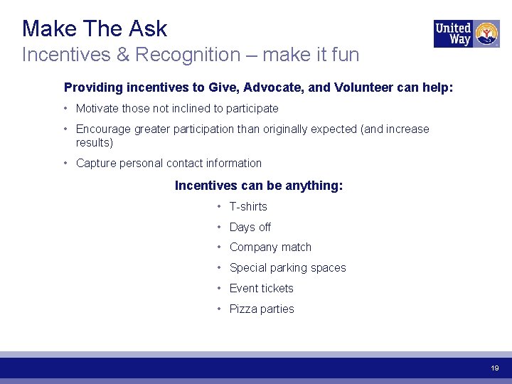 Make The Ask Incentives & Recognition – make it fun Providing incentives to Give,