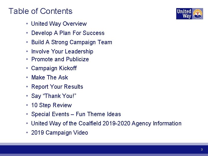 Table of Contents • United Way Overview • Develop A Plan For Success •