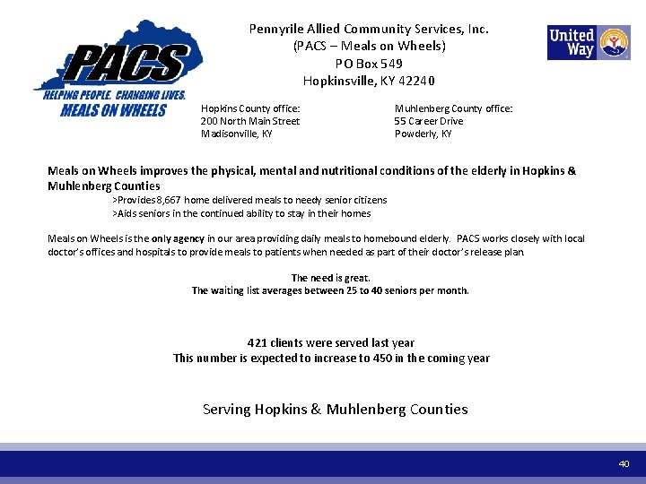 Pennyrile Allied Community Services, Inc. (PACS – Meals on Wheels) PO Box 549 Hopkinsville,