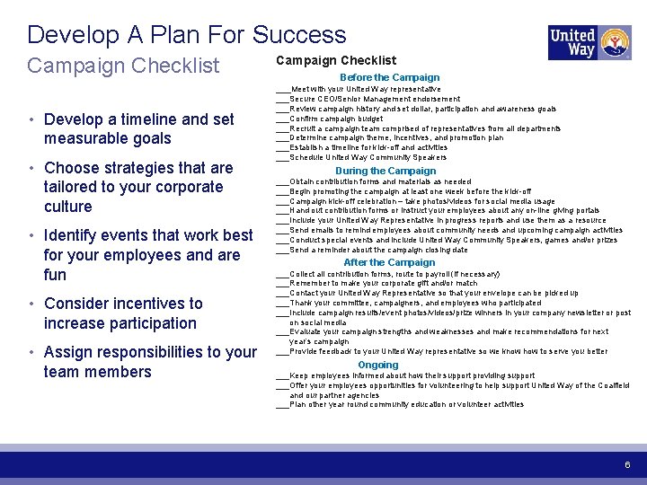 Develop A Plan For Success Campaign Checklist Before the Campaign ___Meet with your United