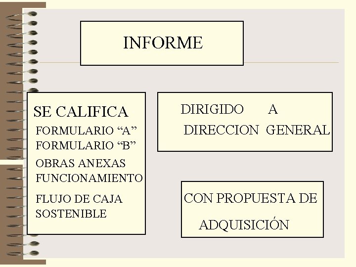 INFORME SE CALIFICA FORMULARIO “A” FORMULARIO “B” OBRAS ANEXAS FUNCIONAMIENTO FLUJO DE CAJA SOSTENIBLE