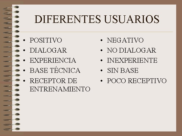 DIFERENTES USUARIOS • • • POSITIVO DIALOGAR EXPERIENCIA BASE TÉCNICA RECEPTOR DE ENTRENAMIENTO • DIFERENTES USUARIOS • • • POSITIVO DIALOGAR EXPERIENCIA BASE TÉCNICA RECEPTOR DE ENTRENAMIENTO •