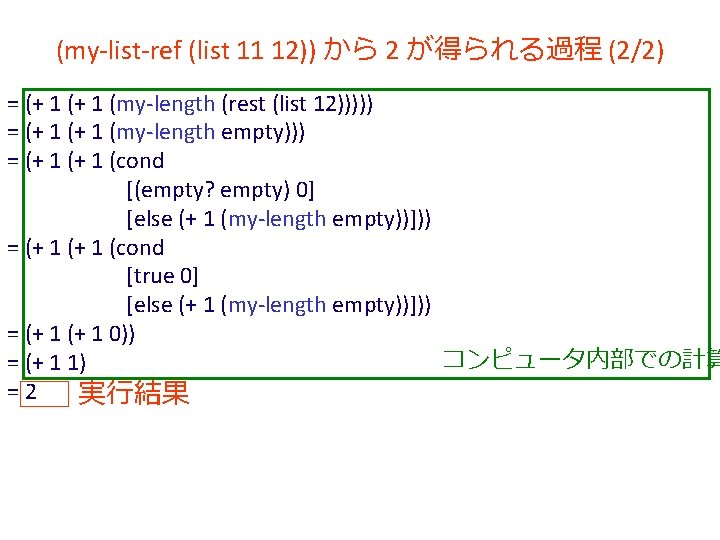 (my-list-ref (list 11 12)) から 2 が得られる過程 (2/2) = (+ 1 (my-length (rest (list