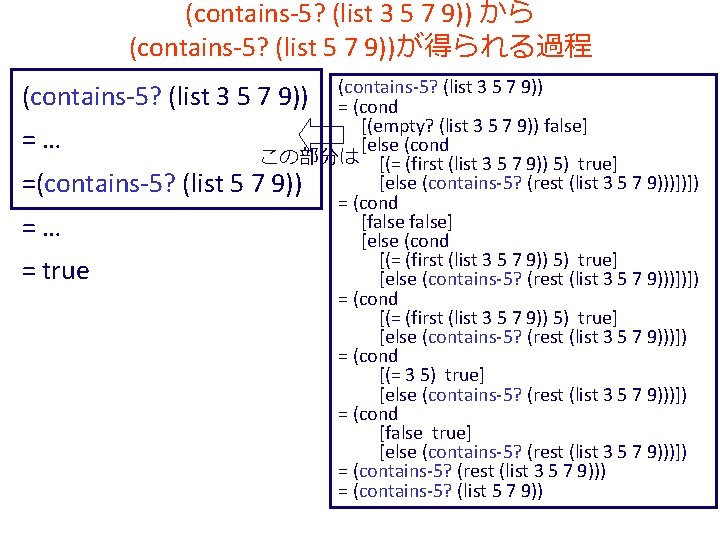 (contains-5? (list 3 5 7 9)) から (contains-5? (list 5 7 9))が得られる過程 (contains-5? (list