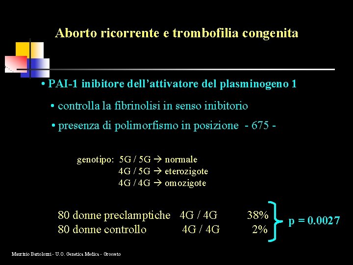 Aborto ricorrente e trombofilia congenita • PAI-1 inibitore dell’attivatore del plasminogeno 1 • controlla