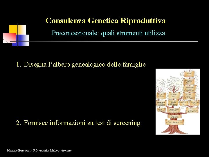 Consulenza Genetica Riproduttiva Preconcezionale: quali strumenti utilizza 1. Disegna l’albero genealogico delle famiglie 2.