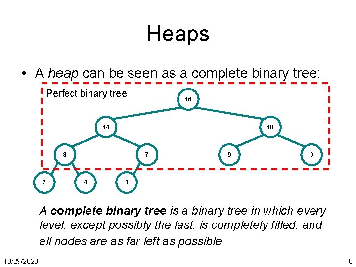 Heaps • A heap can be seen as a complete binary tree: Perfect binary