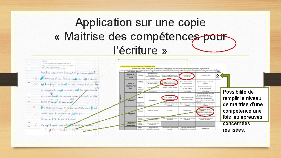 Application sur une copie « Maitrise des compétences pour l’écriture » 2 Possibilité de