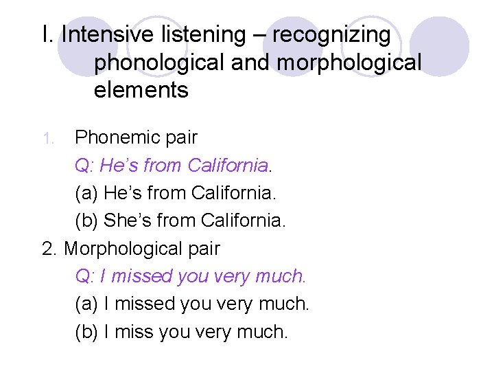 I. Intensive listening – recognizing phonological and morphological elements Phonemic pair Q: He’s from