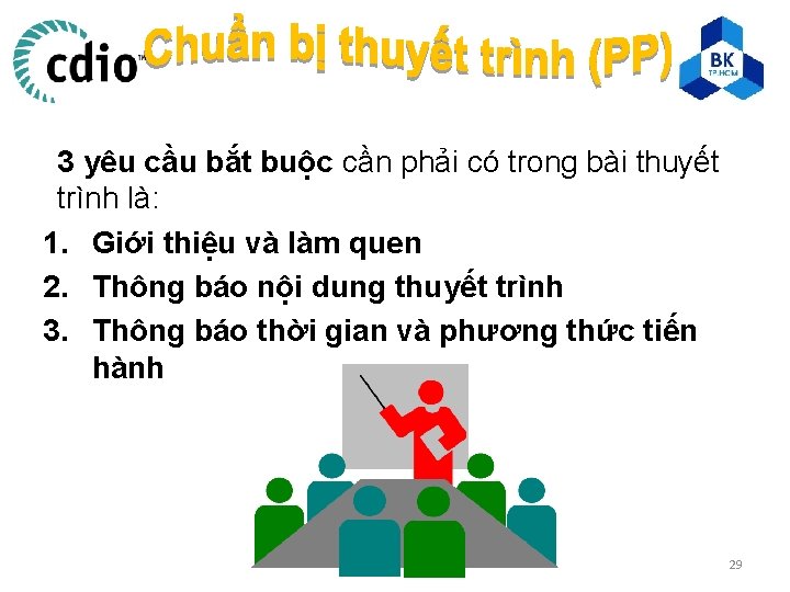 3 yêu cầu bắt buộc cần phải có trong bài thuyết trình là: 1.