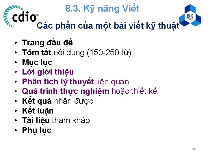 8. 3. Kỹ năng Viết Các phần của một bài viết kỹ thuật •