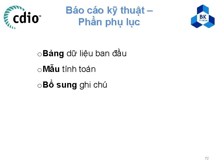 Báo cáo kỹ thuật – Phần phụ lục o Bảng dữ liệu ban đầu