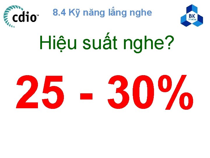 8. 4 Kỹ năng lắng nghe Hiệu suất nghe? 25 - 30% 