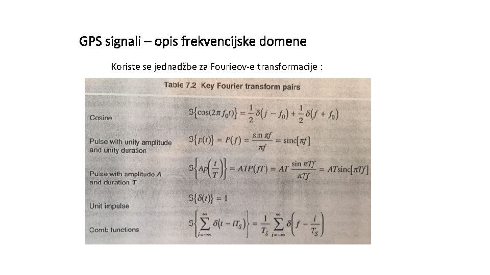 GPS signali – opis frekvencijske domene Koriste se jednadžbe za Fourieov-e transformacije : 