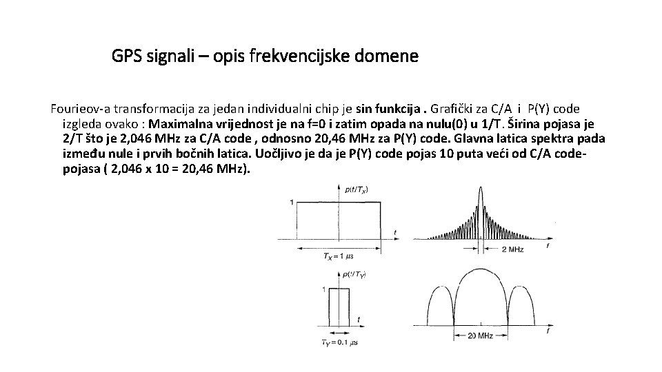 GPS signali – opis frekvencijske domene Fourieov-a transformacija za jedan individualni chip je sin