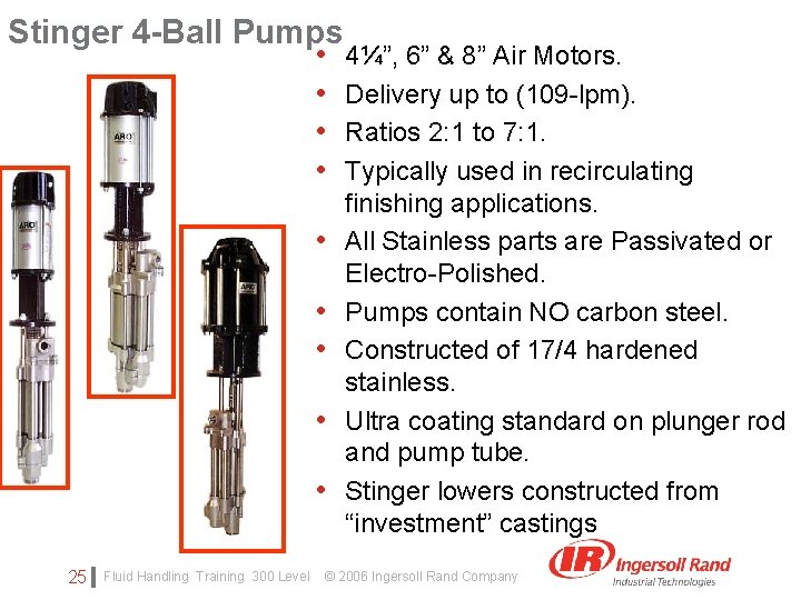Stinger 4 -Ball Pumps • 4¼”, 6” & 8” Air Motors. • Delivery up