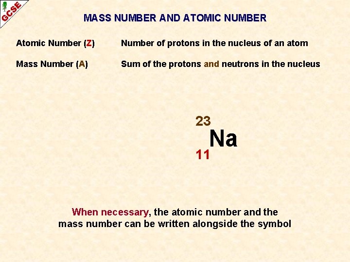 MASS NUMBER AND ATOMIC NUMBER Atomic Number (Z) Number of protons in the nucleus