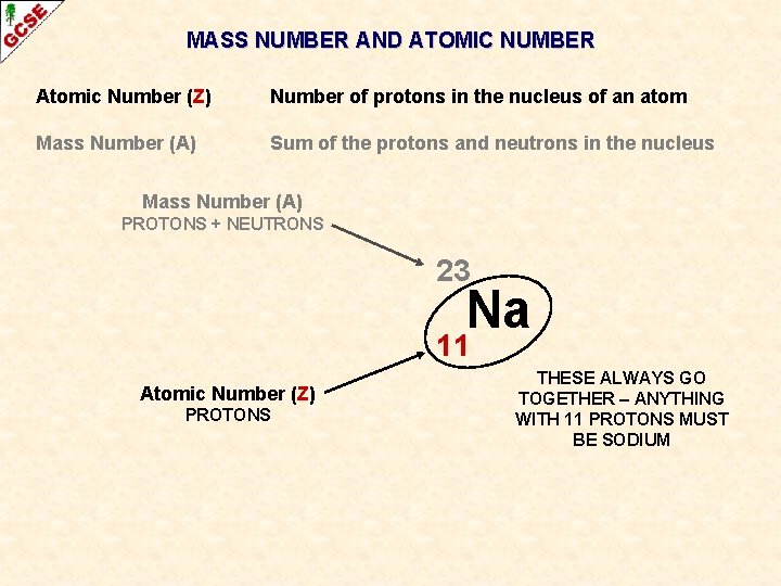MASS NUMBER AND ATOMIC NUMBER Atomic Number (Z) Number of protons in the nucleus