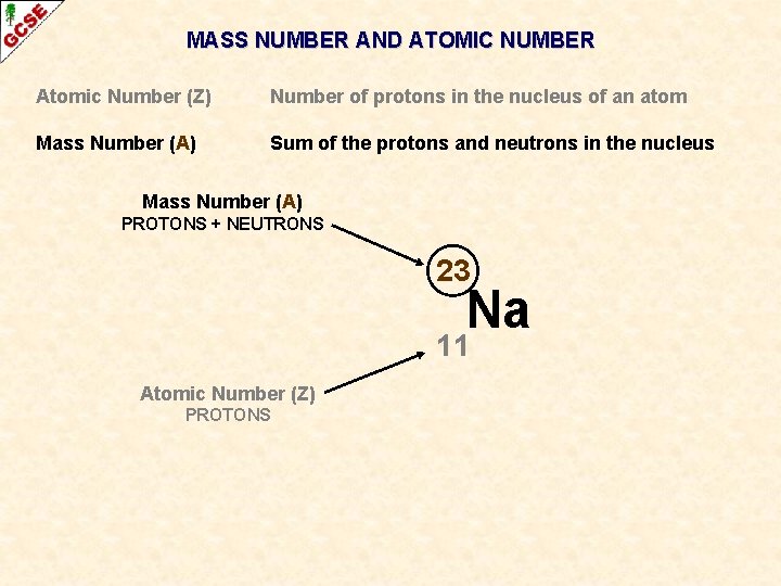 MASS NUMBER AND ATOMIC NUMBER Atomic Number (Z) Number of protons in the nucleus