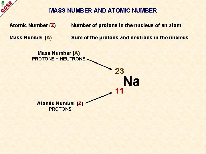 MASS NUMBER AND ATOMIC NUMBER Atomic Number (Z) Number of protons in the nucleus