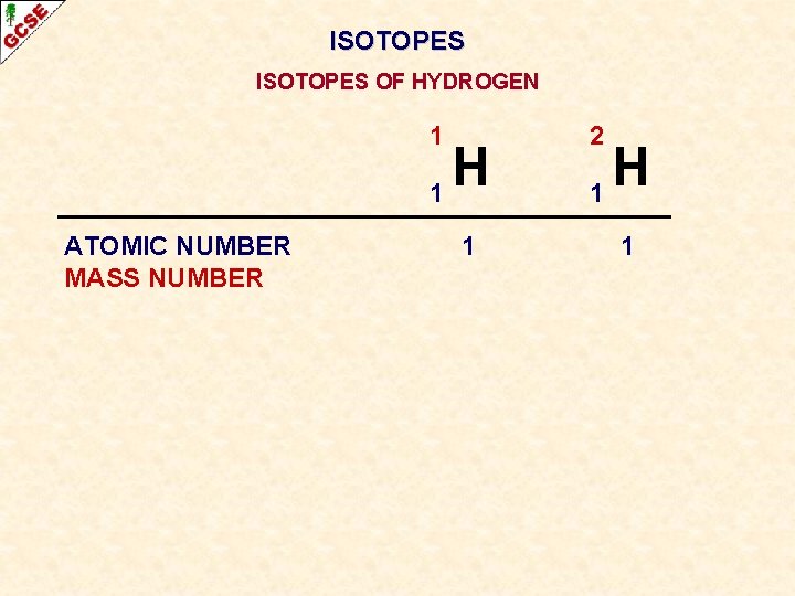 ISOTOPES OF HYDROGEN 1 H 1 ATOMIC NUMBER MASS NUMBER 1 2 H 1