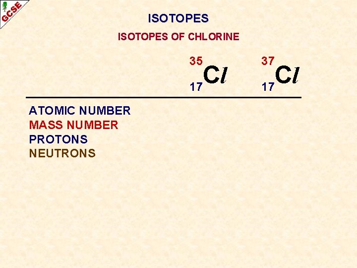 ISOTOPES OF CHLORINE 35 Cl 17 ATOMIC NUMBER MASS NUMBER PROTONS NEUTRONS 37 Cl