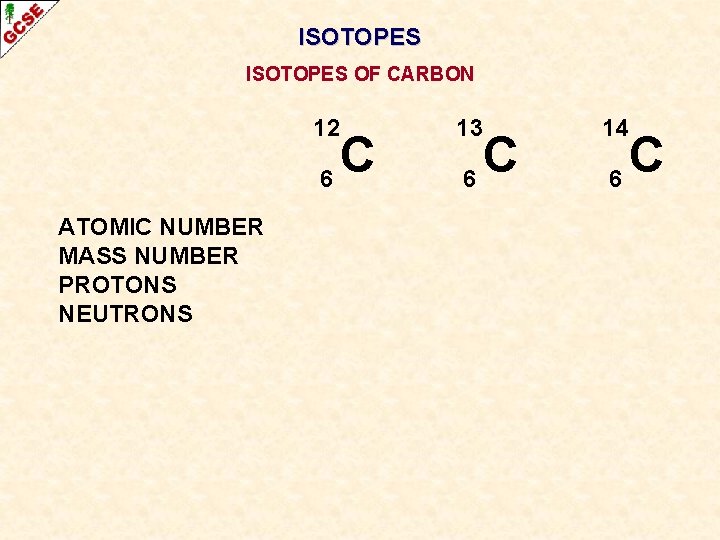 ISOTOPES OF CARBON ATOMIC NUMBER MASS NUMBER PROTONS NEUTRONS 12 13 14 6 6