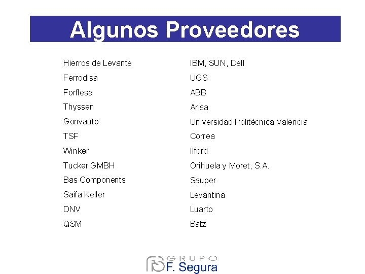 Algunos Proveedores Hierros de Levante IBM, SUN, Dell Ferrodisa UGS Forflesa ABB Thyssen Arisa Algunos Proveedores Hierros de Levante IBM, SUN, Dell Ferrodisa UGS Forflesa ABB Thyssen Arisa