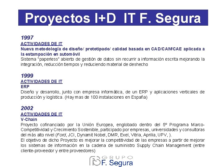 Proyectos I+D IT F. Segura 1997 ACTIVIDADES DE IT Nueva metodología de diseño/ prototipado/ Proyectos I+D IT F. Segura 1997 ACTIVIDADES DE IT Nueva metodología de diseño/ prototipado/