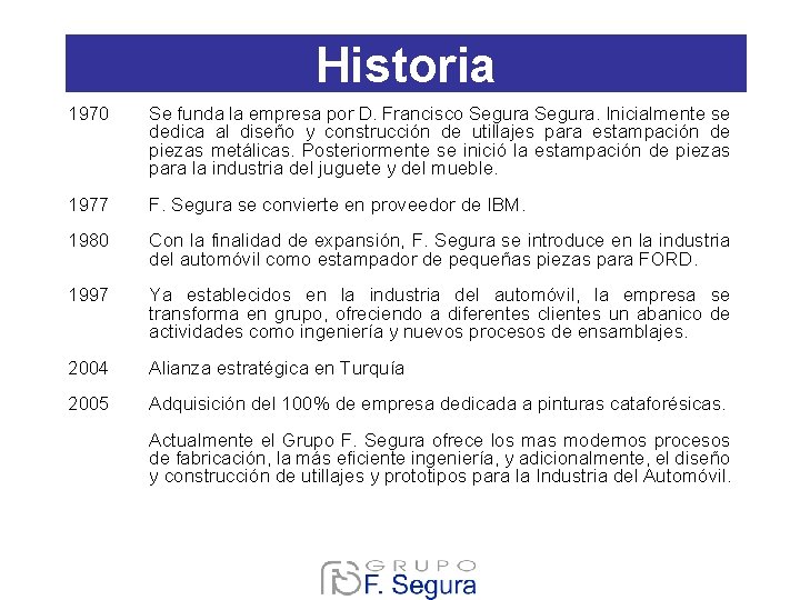Historia 1970 Se funda la empresa por D. Francisco Segura. Inicialmente se dedica al Historia 1970 Se funda la empresa por D. Francisco Segura. Inicialmente se dedica al