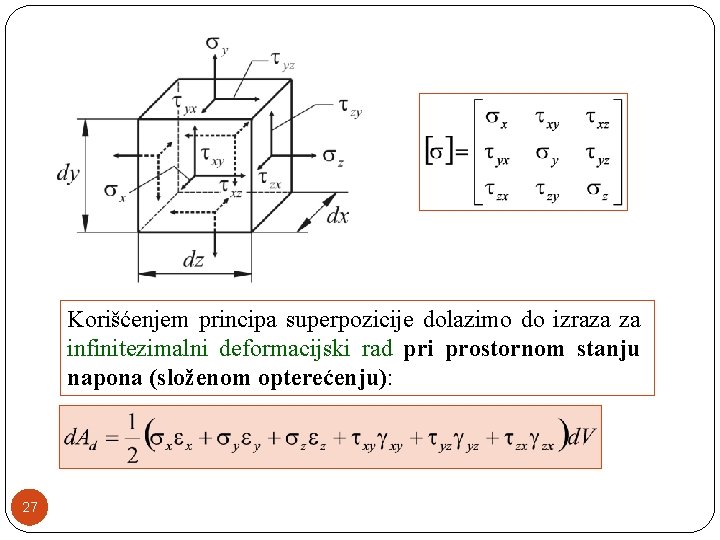 Korišćenjem principa superpozicije dolazimo do izraza za infinitezimalni deformacijski rad pri prostornom stanju napona