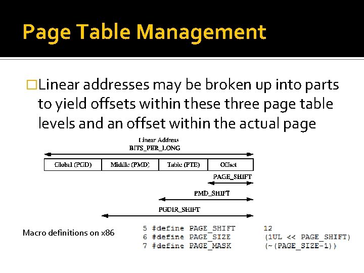 Page Table Management �Linear addresses may be broken up into parts to yield offsets