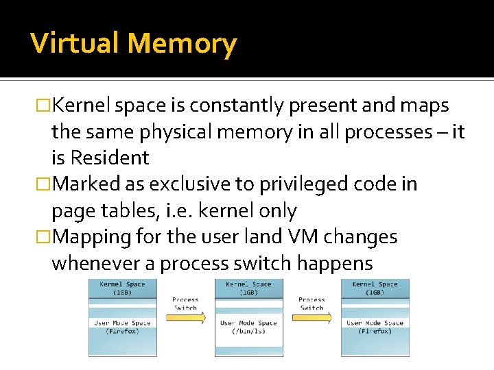 Virtual Memory �Kernel space is constantly present and maps the same physical memory in