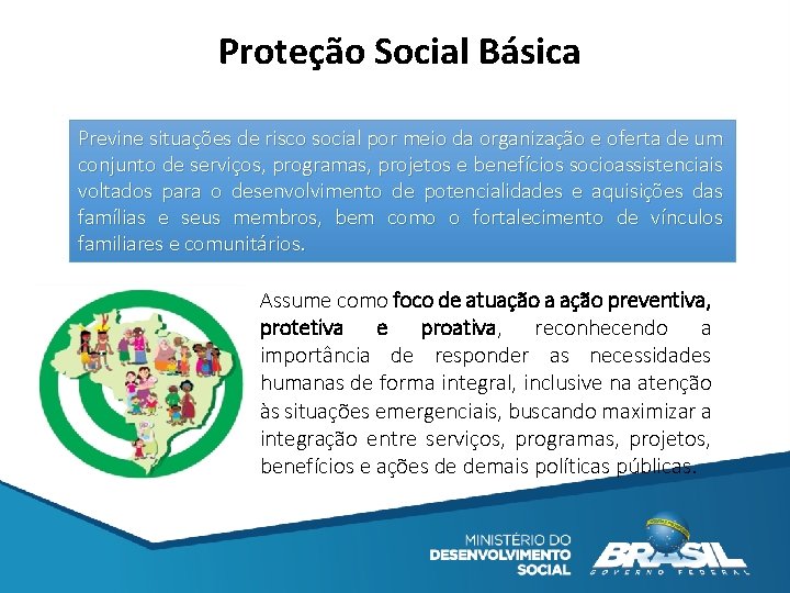 Proteção Social Básica Previne situações de risco social por meio da organização e oferta