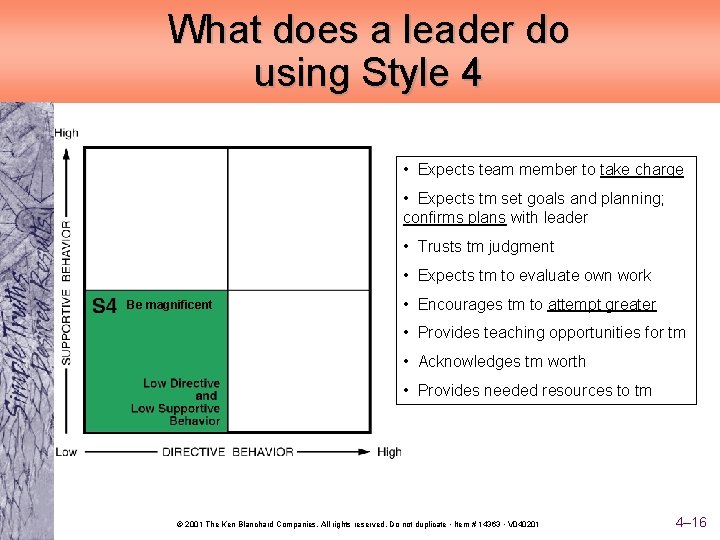 What does a leader do using Style 4 • Expects team member to take