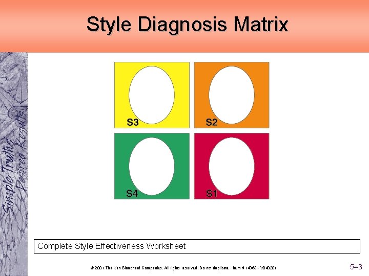 Style Diagnosis Matrix Complete Style Effectiveness Worksheet © 2001 The Ken Blanchard Companies. All