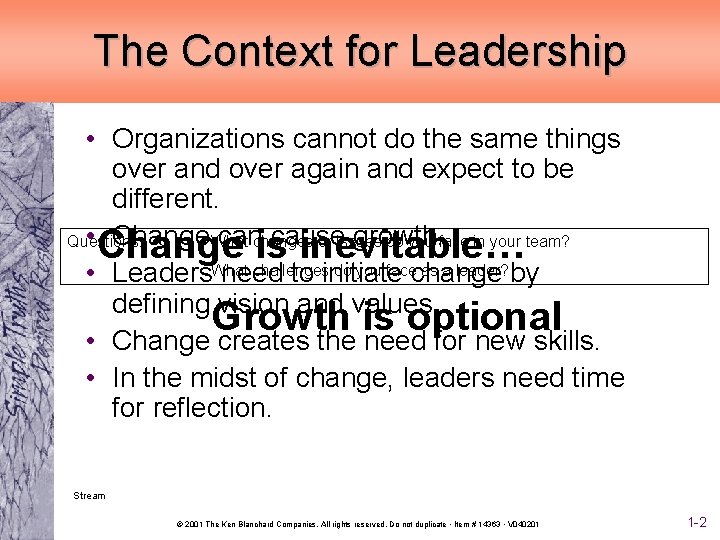 The Context for Leadership • Organizations cannot do the same things over and over