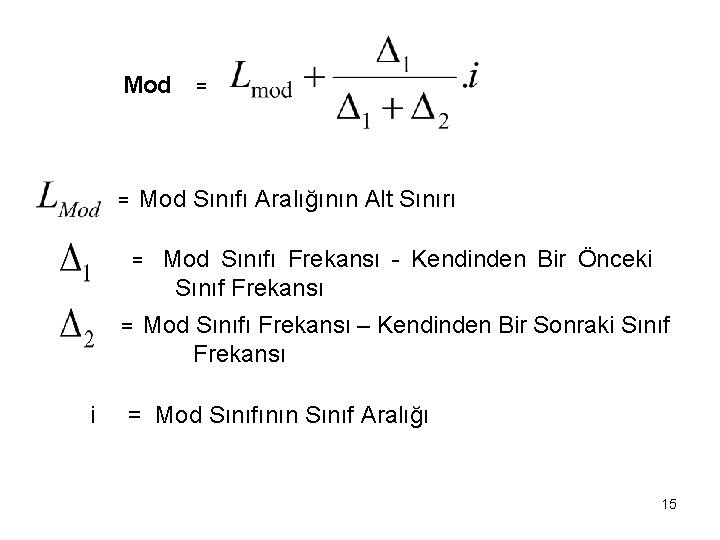 Mod Sınıfı Aralığının Alt Sınırı = = = i = Mod Sınıfı Frekansı -