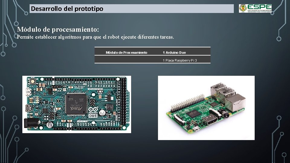 Desarrollo del prototipo Módulo de procesamiento: Permite establecer algoritmos para que el robot ejecute