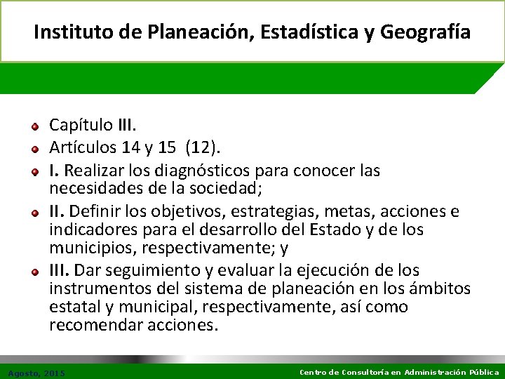 Instituto de Planeación, Estadística y Geografía Capítulo III. Artículos 14 y 15 (12). I.