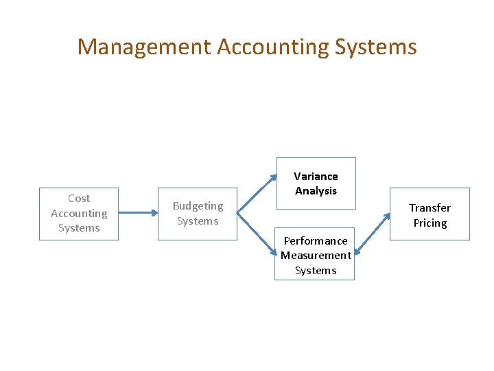 Management Accounting Systems Cost Accounting Systems Budgeting Systems Variance Analysis Transfer Pricing Performance Measurement