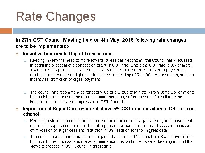 Rate Changes In 27 th GST Council Meeting held on 4 th May, 2018