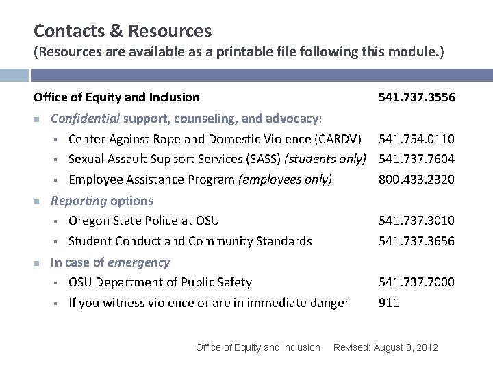 Contacts & Resources (Resources are available as a printable file following this module. )