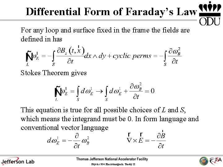 Differential Form of Faraday’s Law For any loop and surface fixed in the frame Differential Form of Faraday’s Law For any loop and surface fixed in the frame