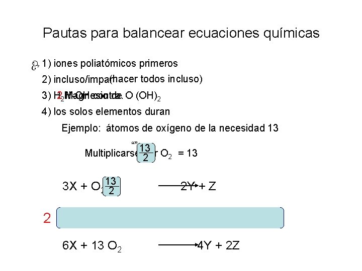 Pautas para balancear ecuaciones químicas ¿ 1) iones poliatómicos primeros ? 2) incluso/impar(hacer todos